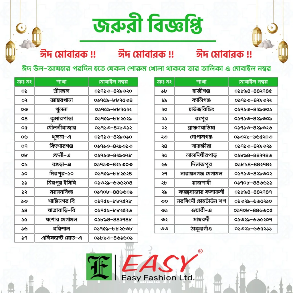 পবিত্র ঈদ উল-আযহা এর ছুটিতে শোরুম বন্ধ বিষয়ক জরুরী বিজ্ঞপ্তি